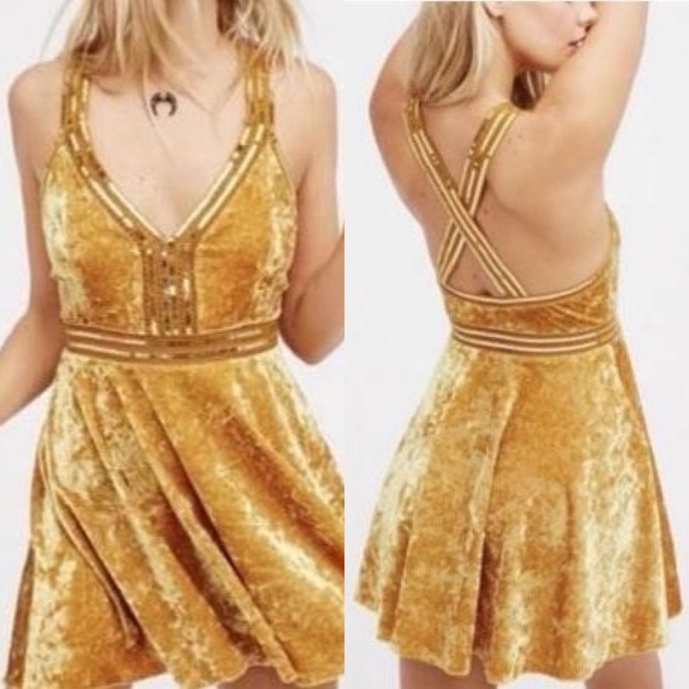 FREE PEOPLE Intimately yellow velvet sequin swing skater mini dress